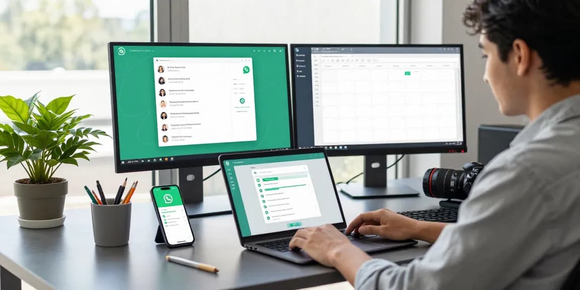 Engaged professional using WhatsApp網頁版 on a laptop at a modern office desk, with vibrant workspace elements.