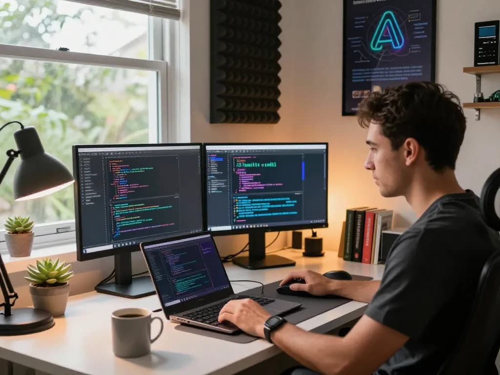 Developer using Clawd Bot on dual monitors in a modern home office, showcasing productivity and innovation.