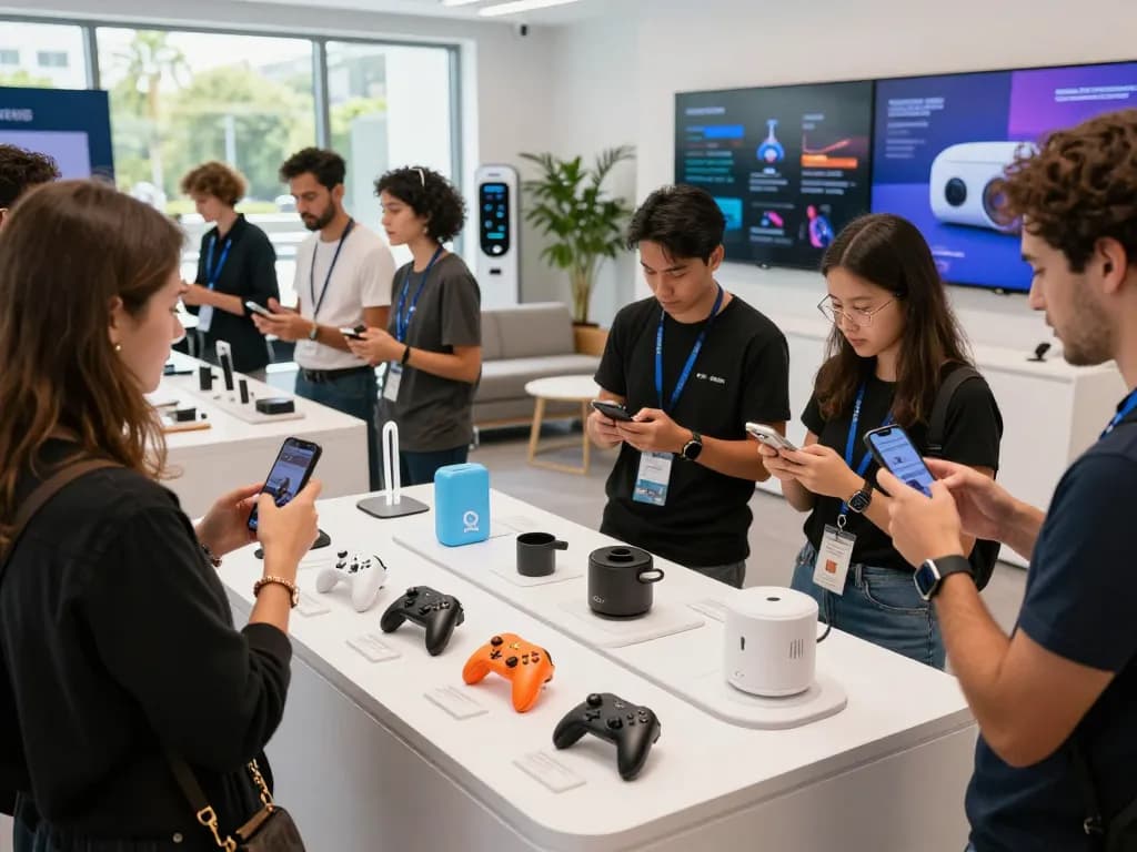 Showcasing latest tech gadgets 2060 at a vibrant exhibition with attendees interacting with Bluetooth devices.