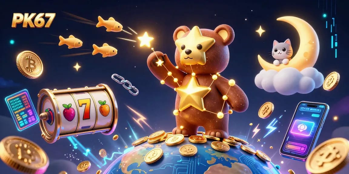 Win at PK67 with a vibrant scene of a constellation bear and crypto elements in a digital casino.