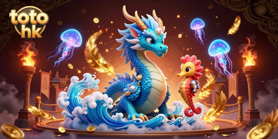 Tampilkan hasil toto hk dengan naga air dan ksatria seahorse dalam ilustrasi penuh warna.