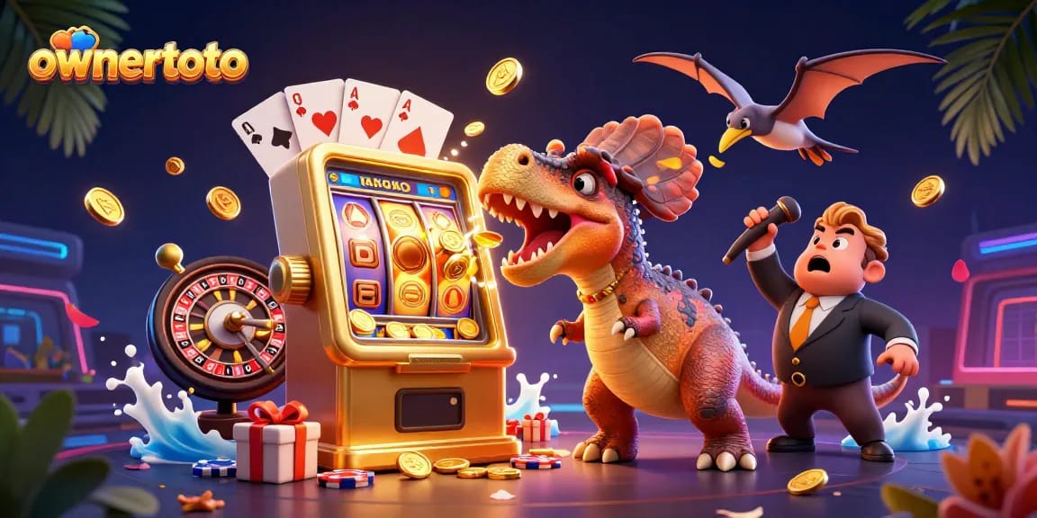 Menyaksikan ownertoto membayar jackpot koin saat dinosaurus headbutting mesin slot dalam kasino yang meriah.