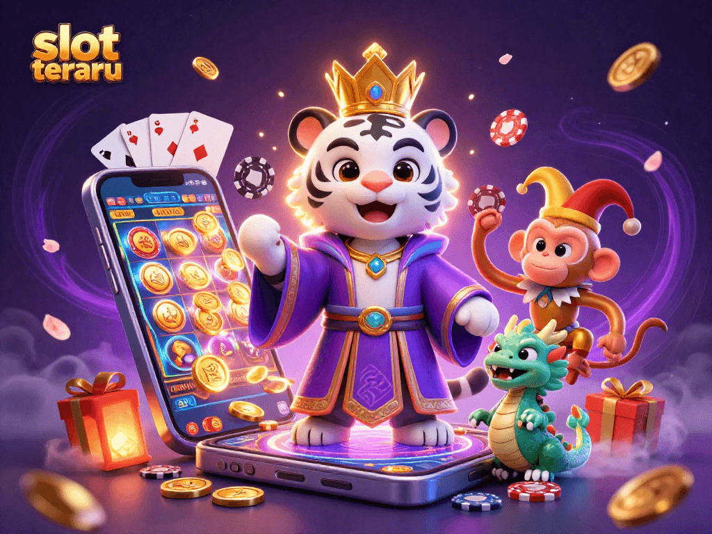 Experience slot terbaru with thrilling characters and vibrant casino elements in an engaging digital illustration