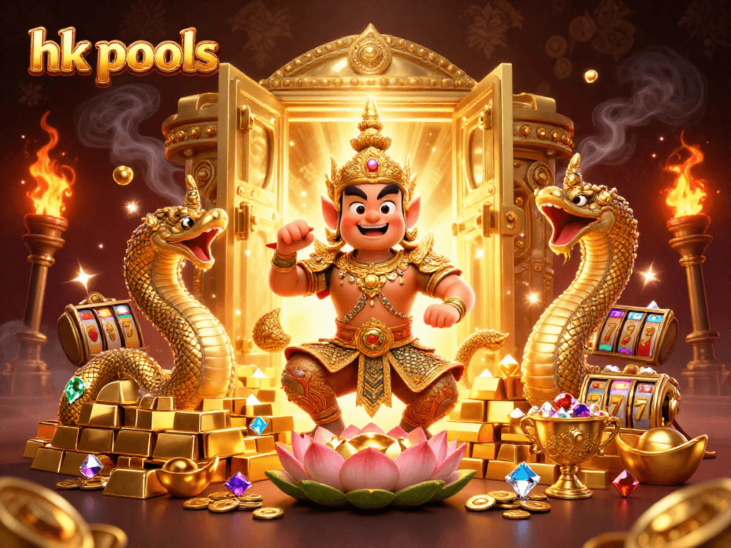 Memenangkan hk pools dengan penjaga kuil dan naga bersinar dalam ilustrasi 3D yang megah.