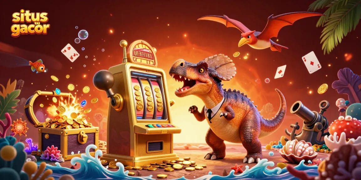 Situs slot gacor menampilkan dinosaurus kartun yang menyeruduk mesin slot emas untuk jackpot, segala sesuatu dikelilingi koin emas dan elemen permainan.