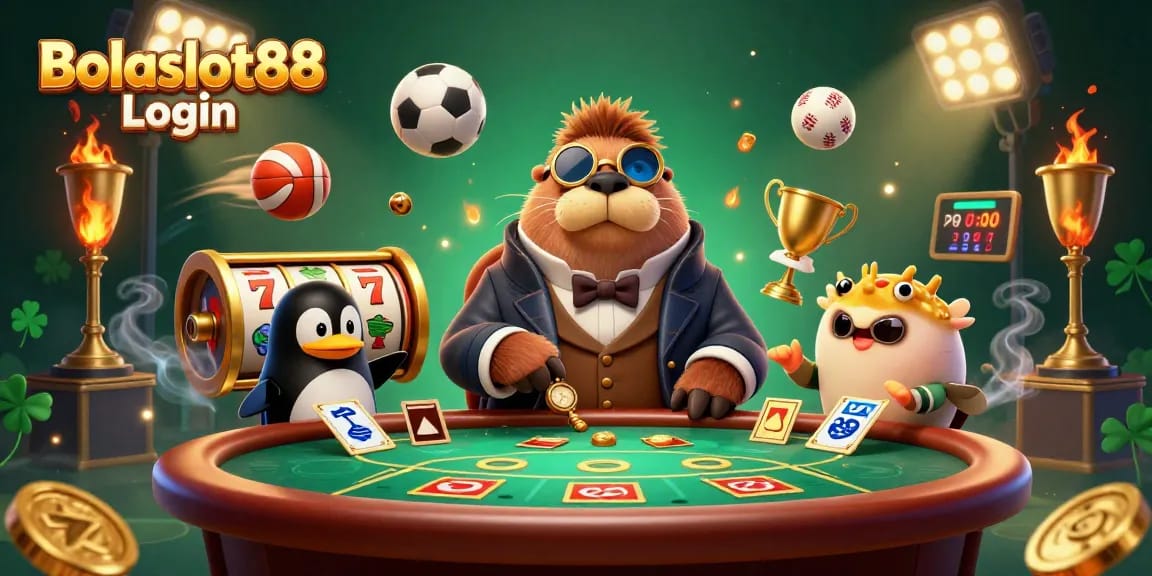 Bolaslot88 Login showcases an underwater poker scene with a charming walrus and dynamic sports elements, enhancing gaming excitement.