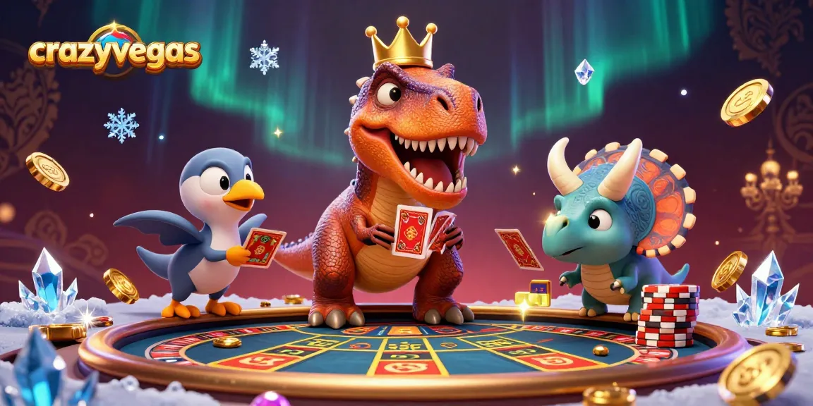 Engage in fun casino action with crazyvegas as a T-Rex shuffles cards, supported by a pterodactyl.