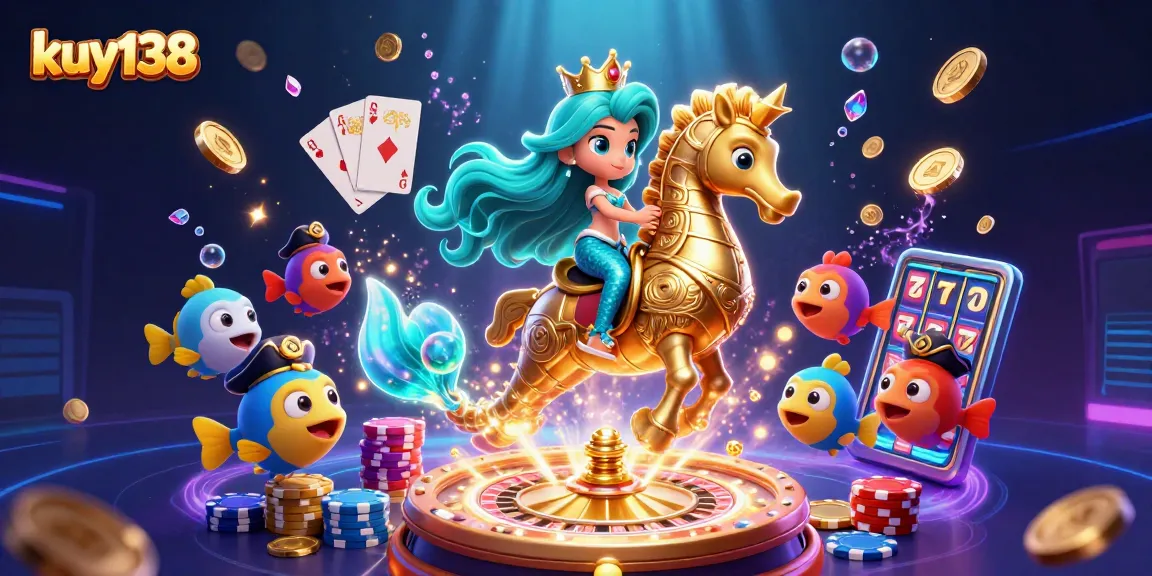 Mainkan kuy138 dengan putri duyung dan koin emas bersinar dalam permainan slot kasino.