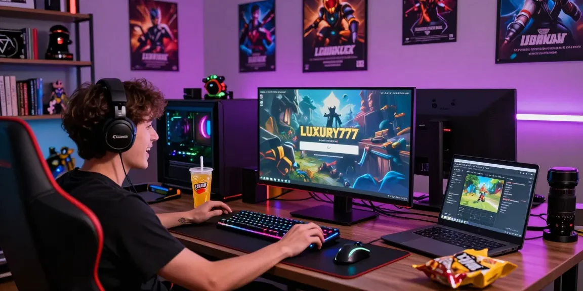 Gamer bersemangat melakukan Cara Login LUXURY777 di ruang permainan modern dengan alat gaming yang canggih.