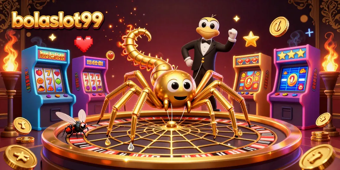 Bet with bolaslot99 while enjoying a vibrant golden spider roulette and arcade gaming illustration.
