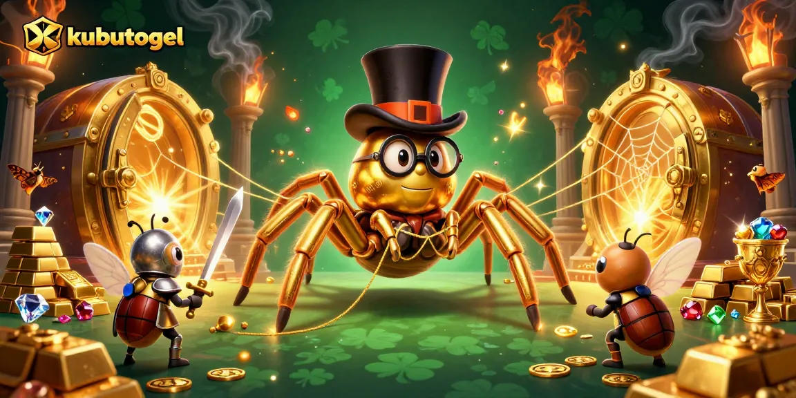 Kubutogel hadir dengan ilustrasi judi bergaya kartun, menampilkan tarantula emas bersemangat di kasino.