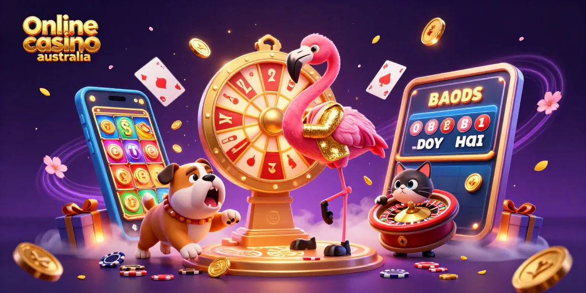 Experience excitement at an online casino in Australia, featuring a game show host, prizes, and gaming elements.