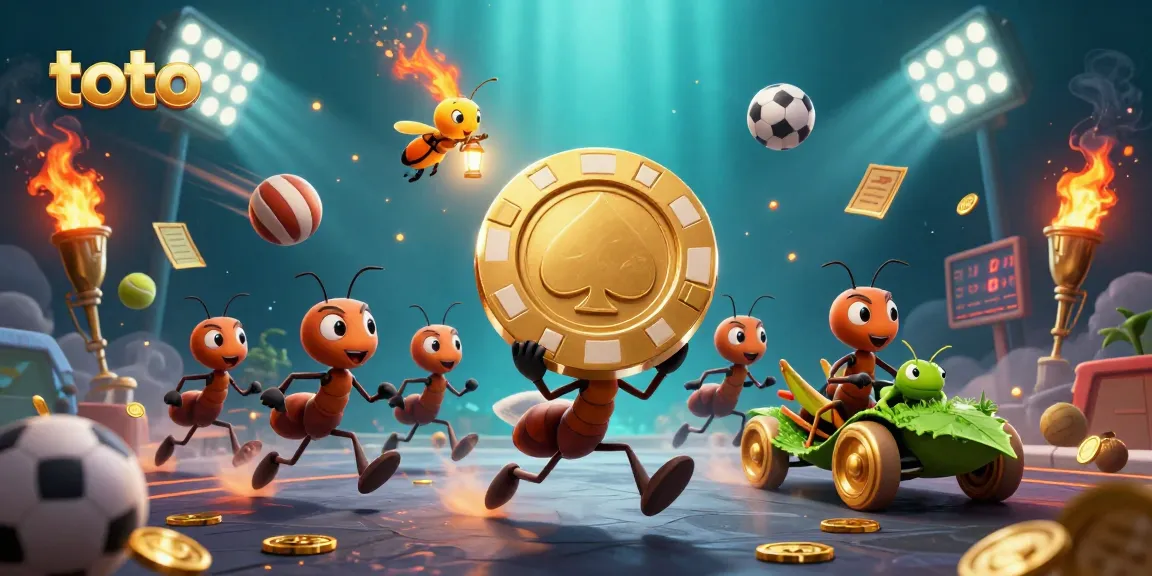 Join the thrilling heist with toto-themed ants carrying a giant poker chip in a dynamic sports betting adventure.