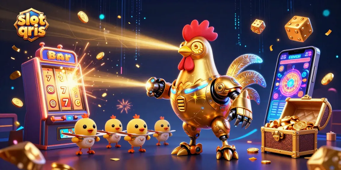 Engage with slot qris featuring a golden rooster robot and vibrant casino elements.