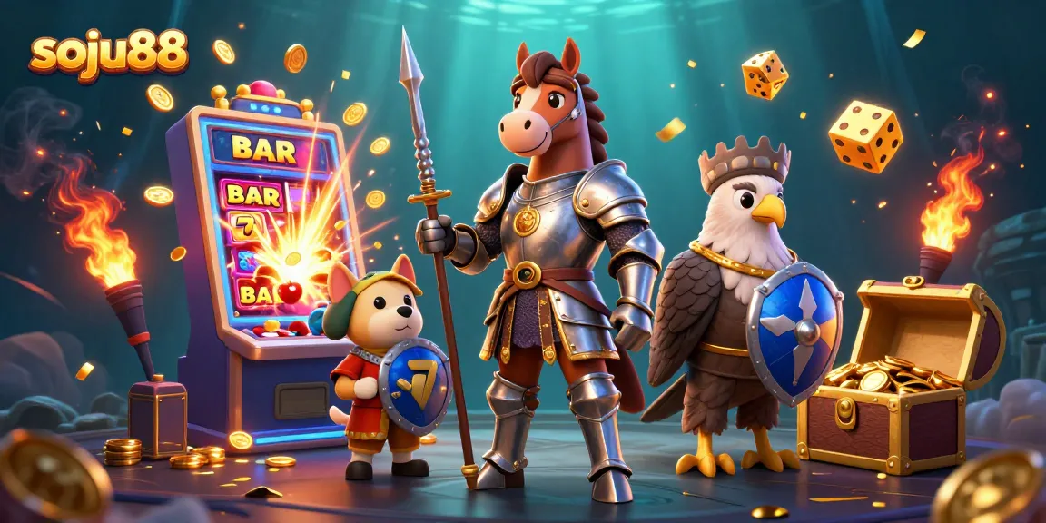 Soju88 unleashes a jackpot explosion in a vibrant 3D casino scene featuring knights and playful elements.
