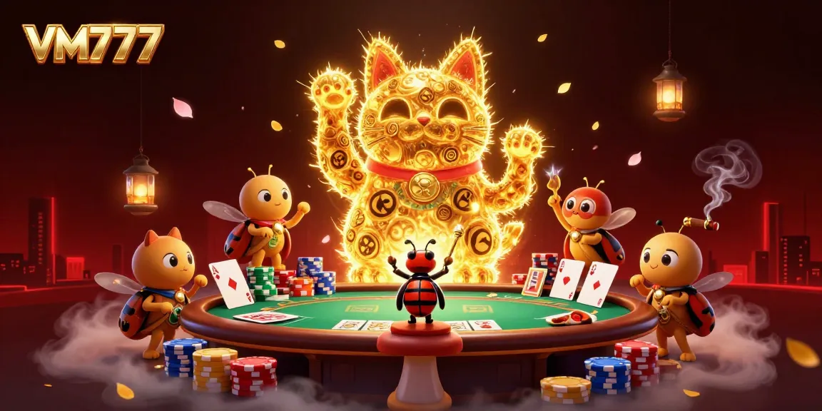 Experience the excitement at VM777 with a golden lucky cat illustration and poker elements.