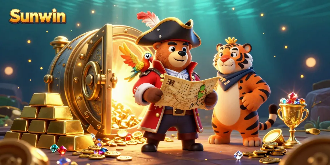 Experience excitement with Sunwin's engaging pirate-themed casino illustration featuring treasure and games.