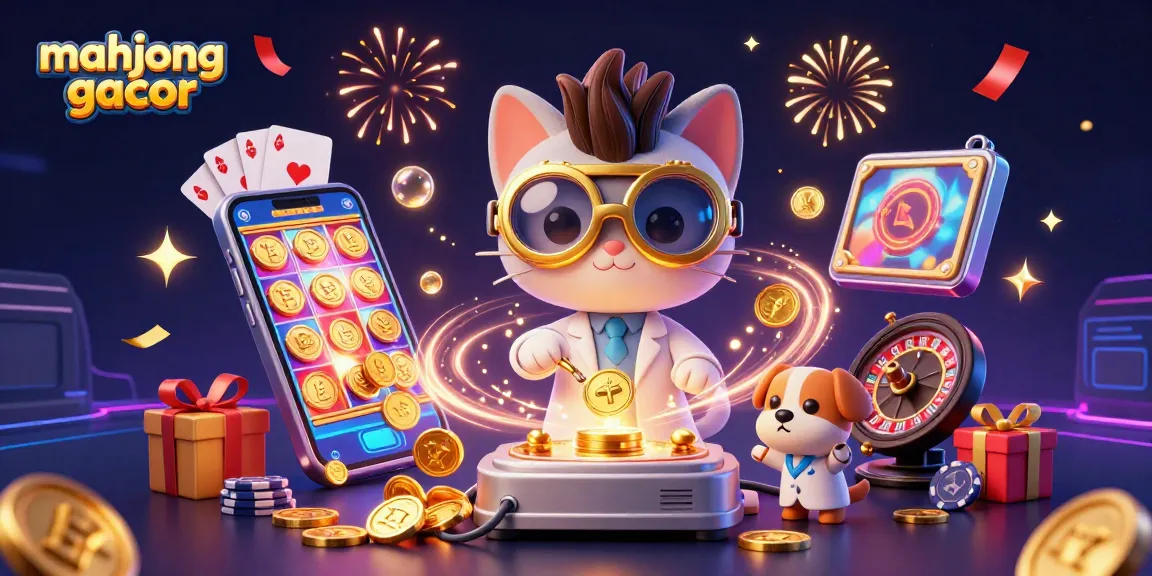 Experience the excitement of mahjong gacor with a 3D cartoon illustration featuring a mad scientist cat and dynamic slot elements.