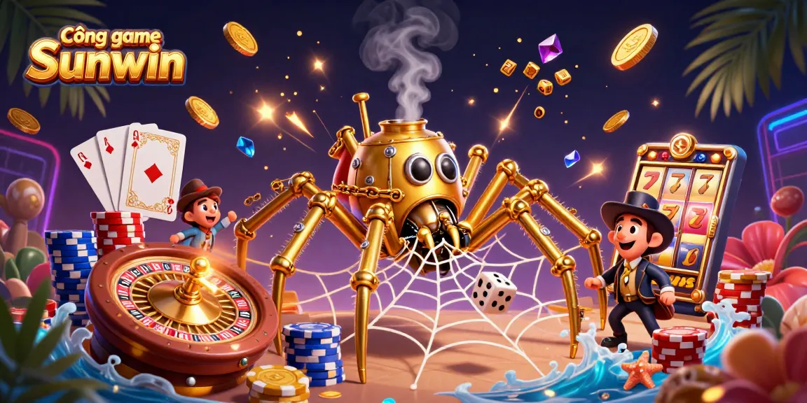 Catching luck at Cổng game Sunwin with a steampunk spider and golden coins in a vibrant casino scene.