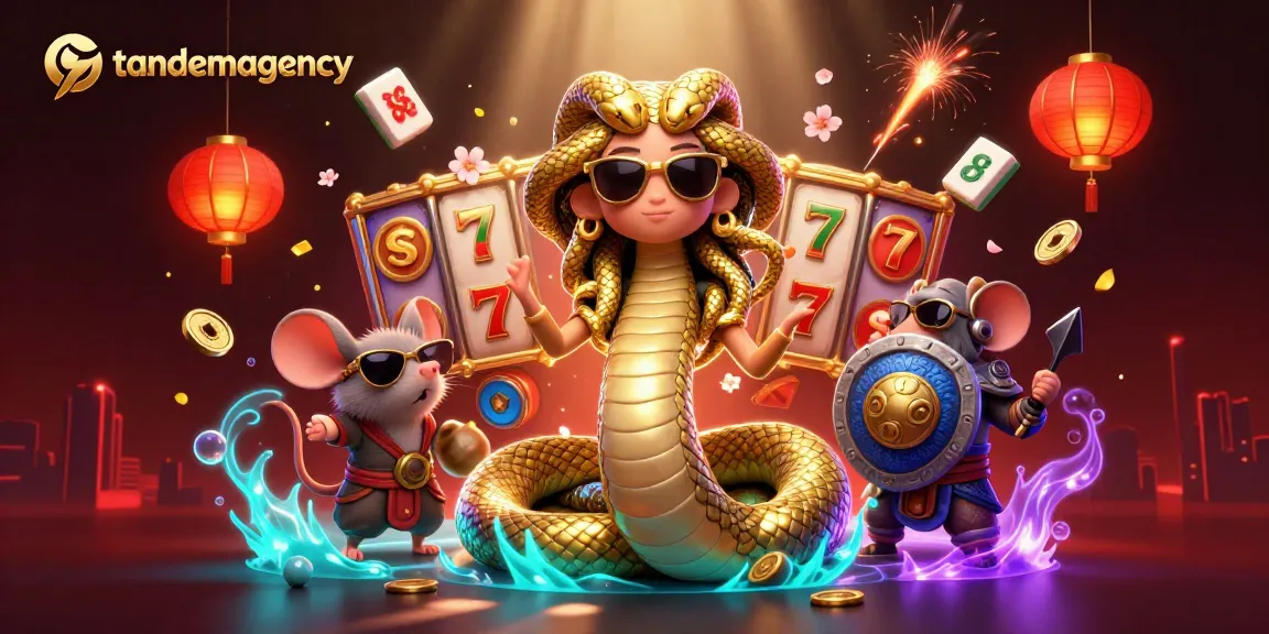 Engage with tandemagency in this vibrant 3D illustration featuring slot elements, Medusa, and a warrior mouse.