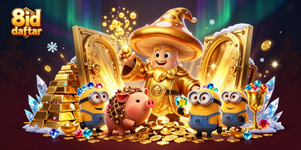 Experience excitement with 8id daftar as the golden wizard transforms treasures in a vibrant casino scene.