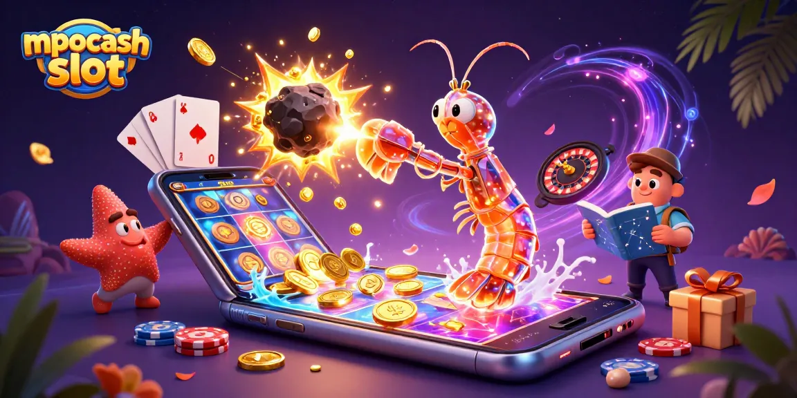 Experience excitement with mpocash slot as colorful coins and games erupt across a vibrant illustration.