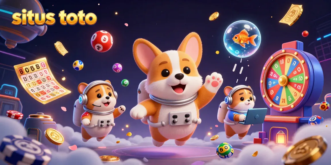 Engage with situs toto in an exciting 3D casino scene featuring an astronaut corgi amidst floating chips and lottery elements.