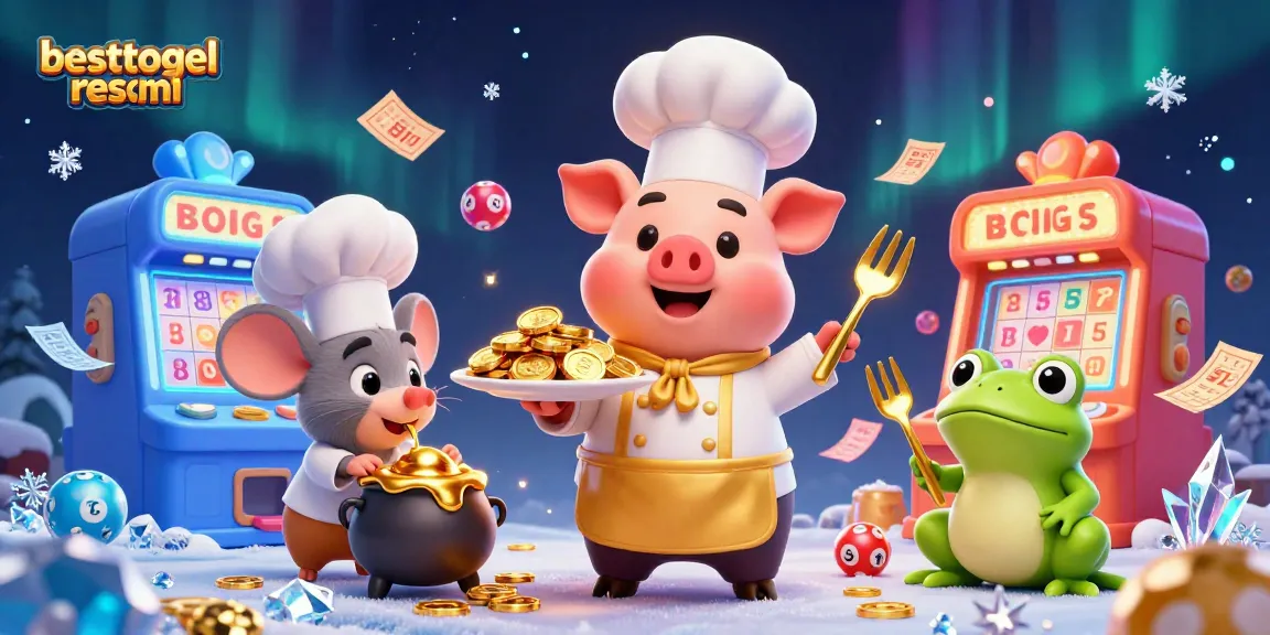 Experience the thrill with besttogel resmi as a chef pig serves gold coins in this vibrant lottery scene.