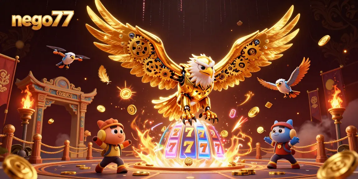 Experience the thrill of gaming with nego77's golden eagle diving through dynamic holographic slots.