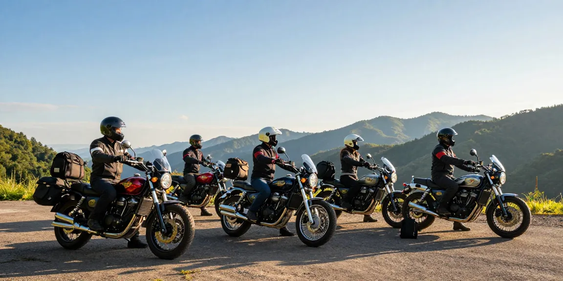 Riders menikmati pemandangan indah dengan LUXURY777 Situs Resmi Terbaru di latar belakang, mengendarai sepeda motor mewah.