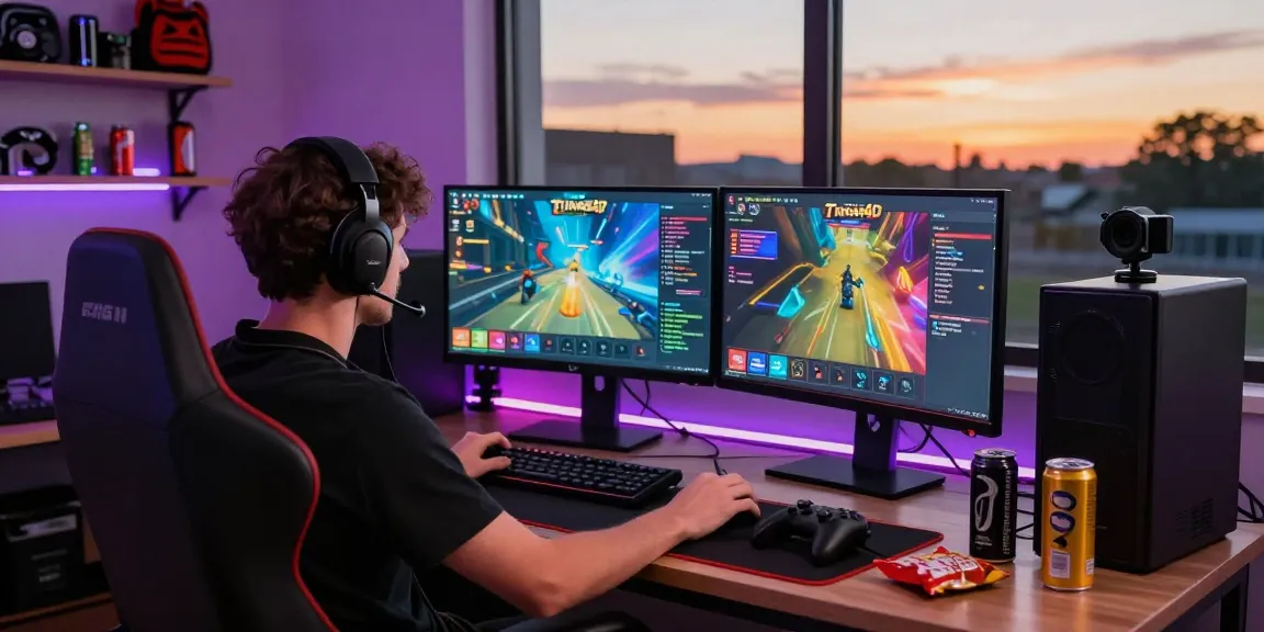 Tunas4D game streaming setup with a focused gamer, vibrant graphics, and lively viewer interaction.
