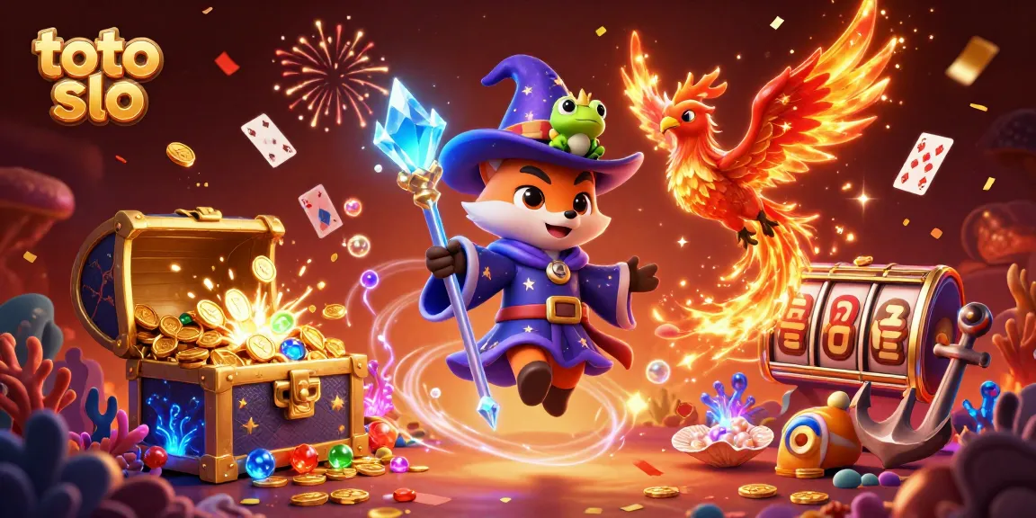 Engage in thrilling slots at toto slo with our vibrant wizard fox and phoenix illustration, showcasing gold coins and festive elements.