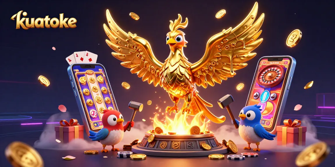 Kuatoke elevates your gaming experience with a vibrant 3D illustration depicting a phoenix and casino themes