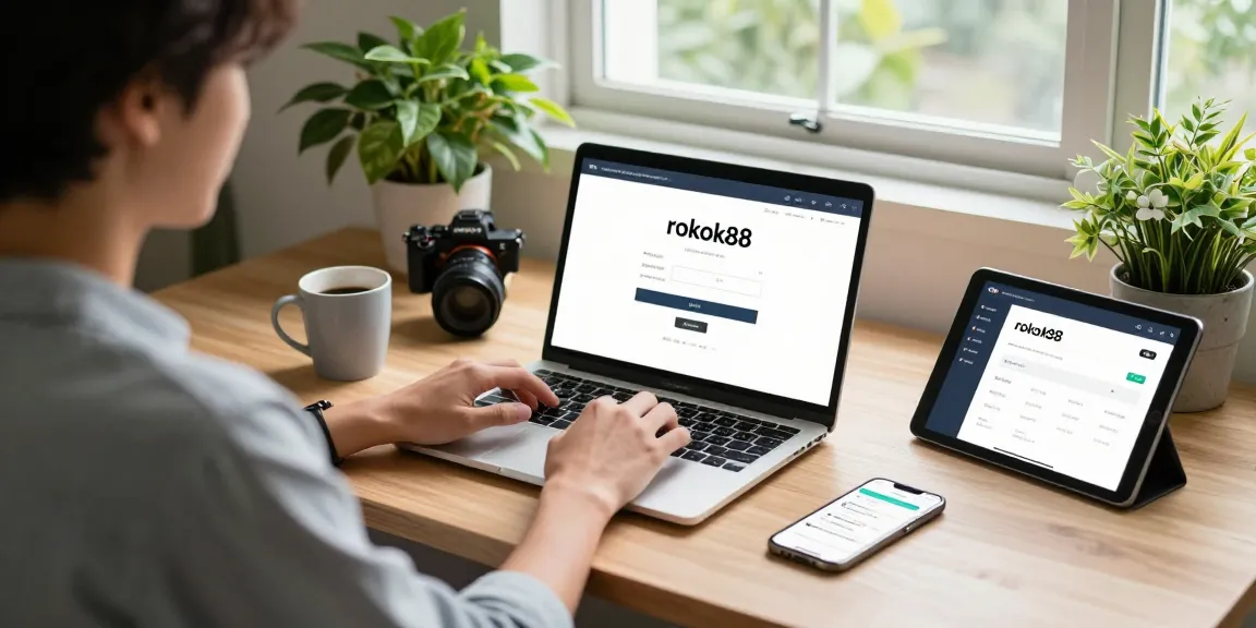Person engaging with rokok88 login on a laptop in a cozy digital workspace, showcasing a relaxed, productive atmosphere.