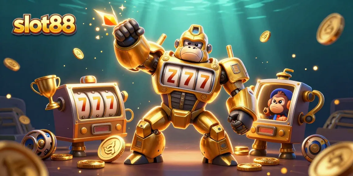 Bermain slot88 dengan tema slot mesin, ditampilkan oleh gorila mekanik yang mengagumkan dan elemen permainan lainnya.