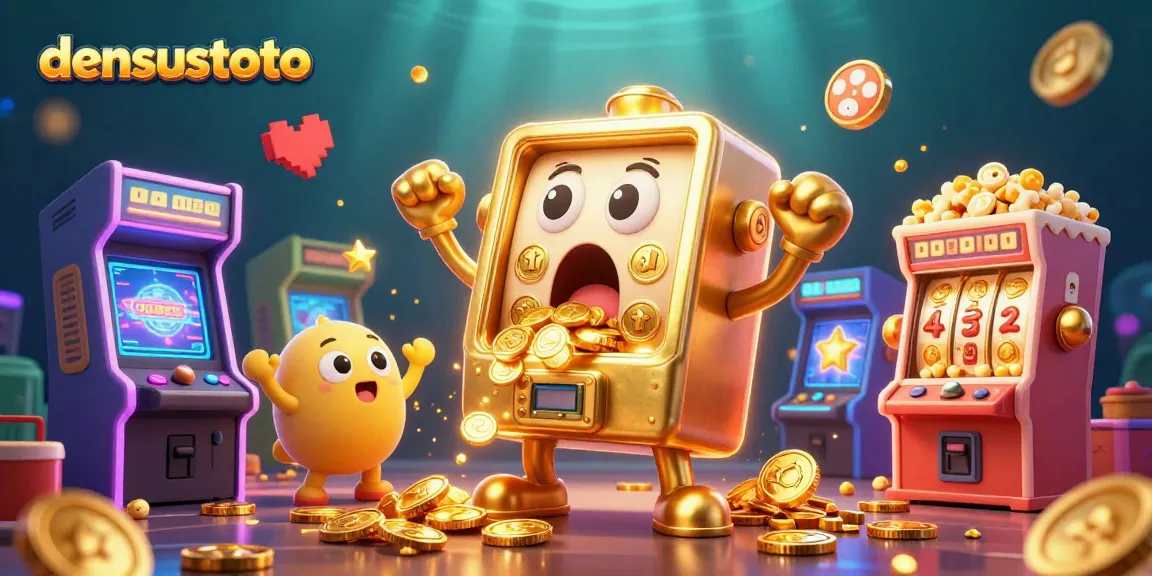 Densustoto menang besar dengan mesin slot mengeluarkan koin, serta mesin kecil bersorak di sekitar