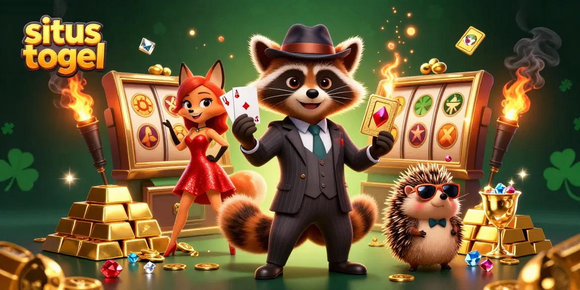 Immerse in situs togel excitement with raccoon, fox, and hedgehog amid golden jackpots and treasures.