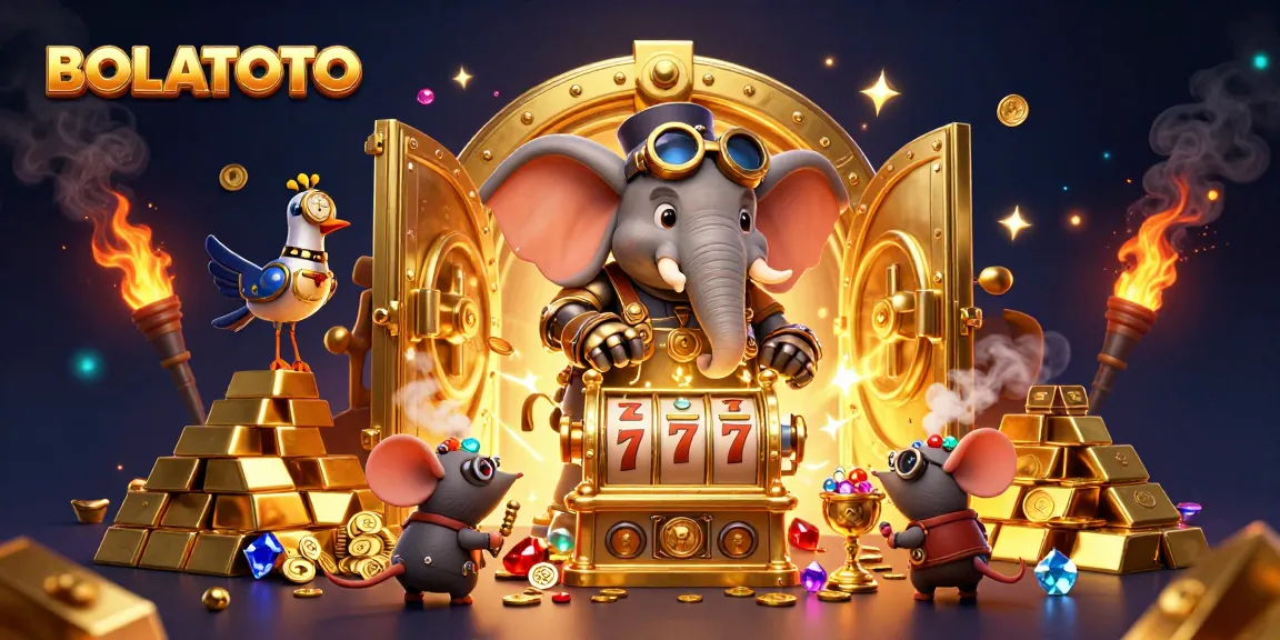 BOLATOTO menghadirkan mesin slot emas dengan karakter gajah steampunk di tengah tumpukan kekayaan yang berkilau.