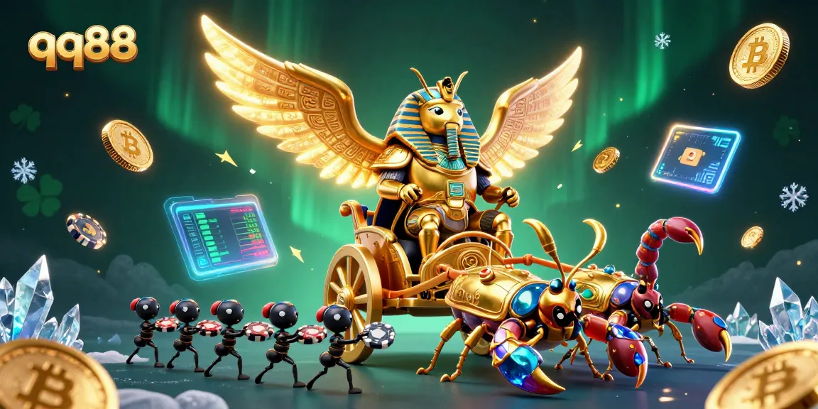 Engage with thrilling qq88 casino action showcasing a colossal golden scarab beetle amid glittering tokens and vibrant game elements.