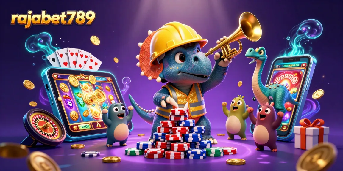 Permainan di rajabet789 dengan triceratops membangun tumpukan chip poker dan pesta koin emas.
