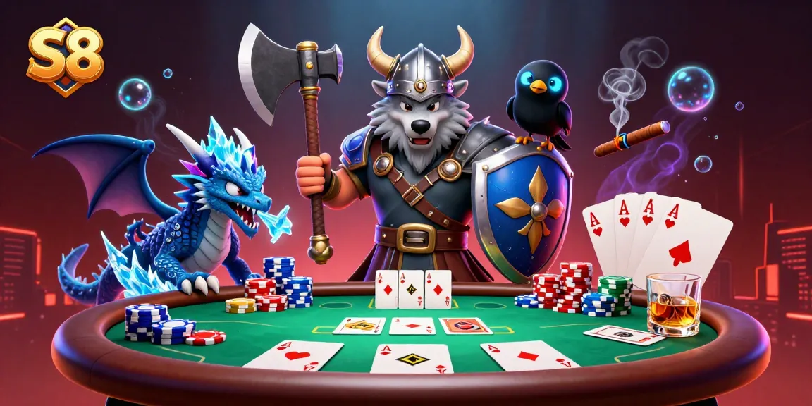 S8 players experience thrilling poker action, featuring Viking warrior, dragon, and vibrant gaming elements.