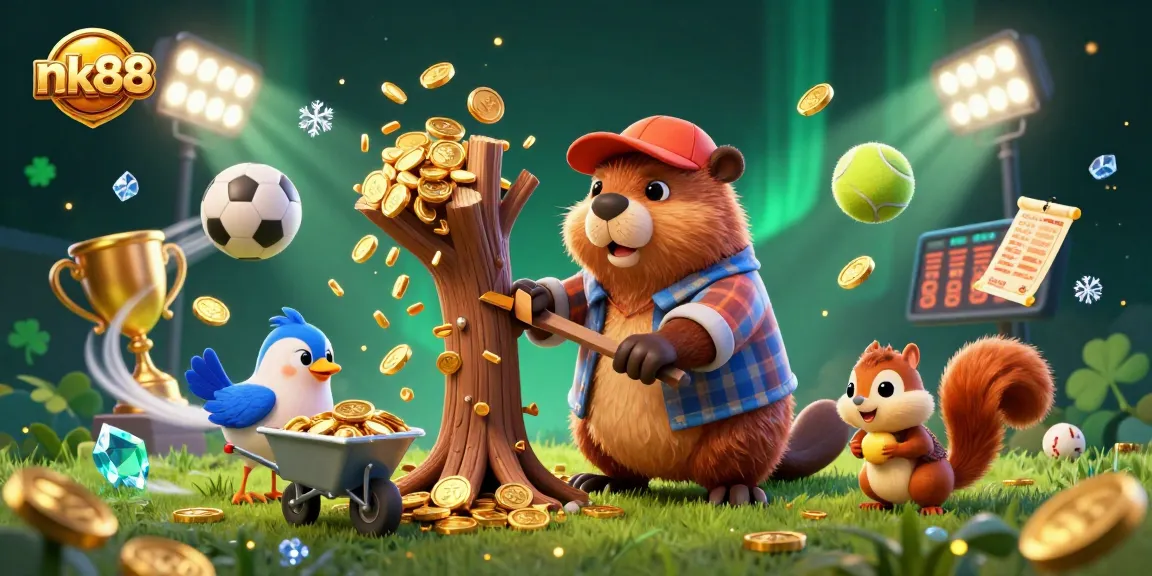 Engage with nk88 for irresistible gaming excitement amidst golden coins raining from the beaver's tree-chop!