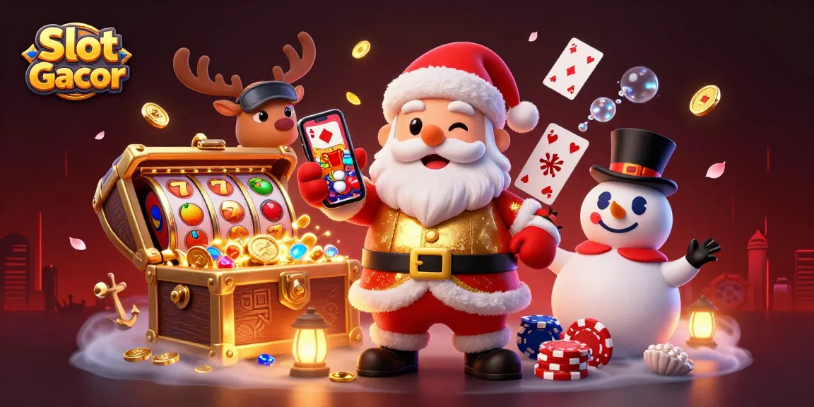 Menangkan Slot Gacor dengan ilustrasi 3D kartun Santa Claus dalam suasana kasino yang berkilau.