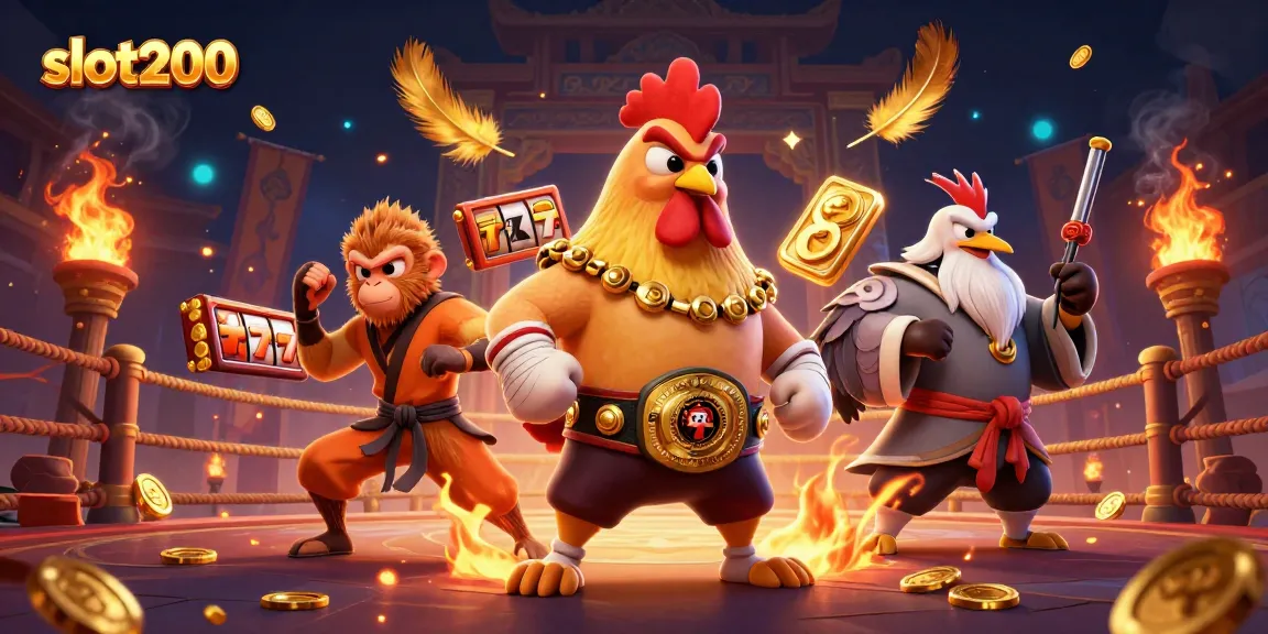 Slot200 memperlihatkan karakter ayam Muay Thai dan monyet Shaolin di arena permainan bersama simbol slot yang dramatis.