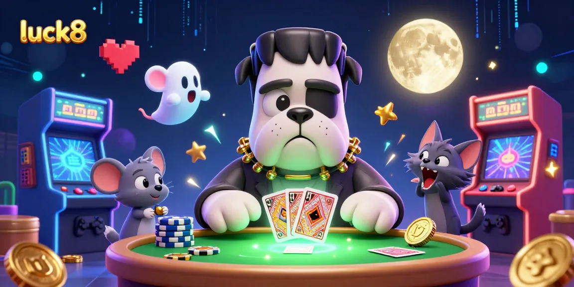 luck8 features a Frankenstein bulldog dealing cards in a vibrant casino scene.