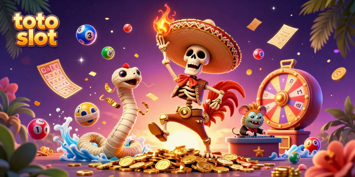 Menangkan permainan toto slot dengan karakter menarik di tengah koin emas dan bola lotere berwarna-warni.