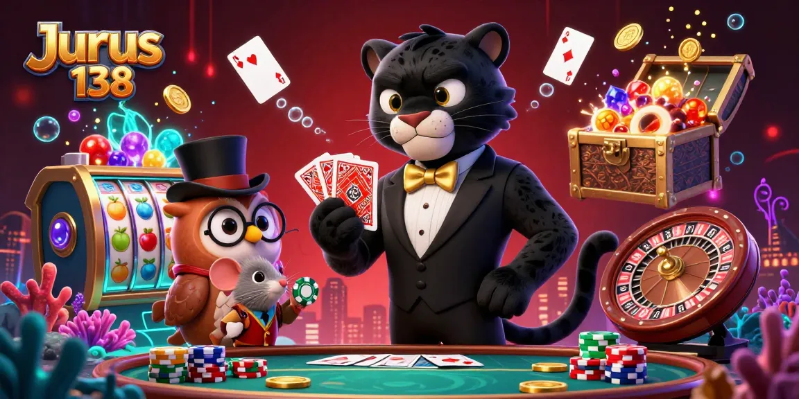 Engage with Jurus 138 as the stylish panther deals cards in a vibrant casino scene.