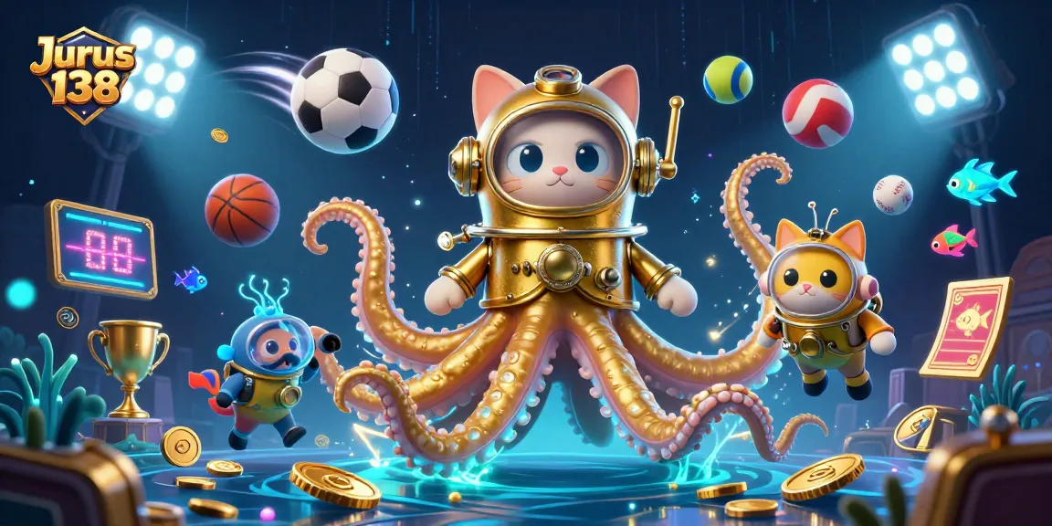 Experience the excitement of Jurus 138 with a lively scene of a kraken, diving cat, and dynamic sports elements.