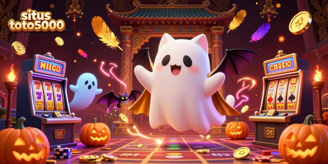 Engage with situs toto5000 in a vibrant casino scene featuring a ghost cat, a bat, and glowing jack-o-lanterns.