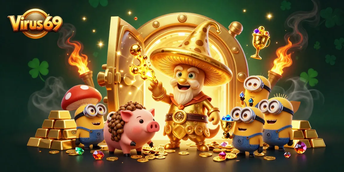 Experience excitement with Virus 69 as cartoon characters unlock golden treasures in a vibrant casino scene.